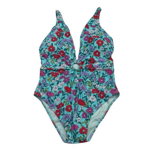 Nanette Lepore Swimsuit Womens10 Light Blue Floral Print One Piece Plunge Beach - Picture 1 of 6